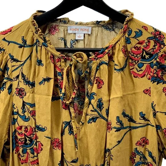 Knox Rose Dress Womens Small Golden Yellow Floral Folkloric A Line 3/4 Sleeves - Picture 10 of 13
